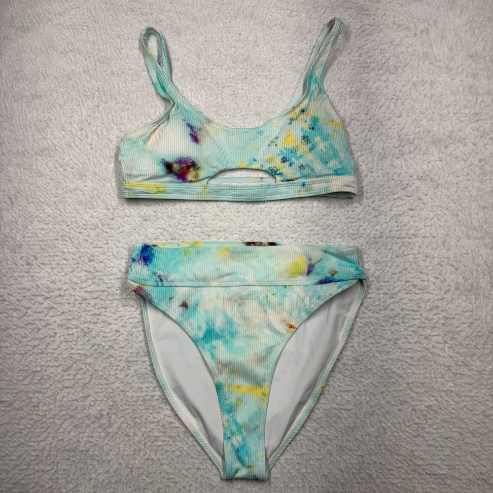 Blushing Brunette Blue Watercolor Floral High Waisted Bikini Women's Size Large